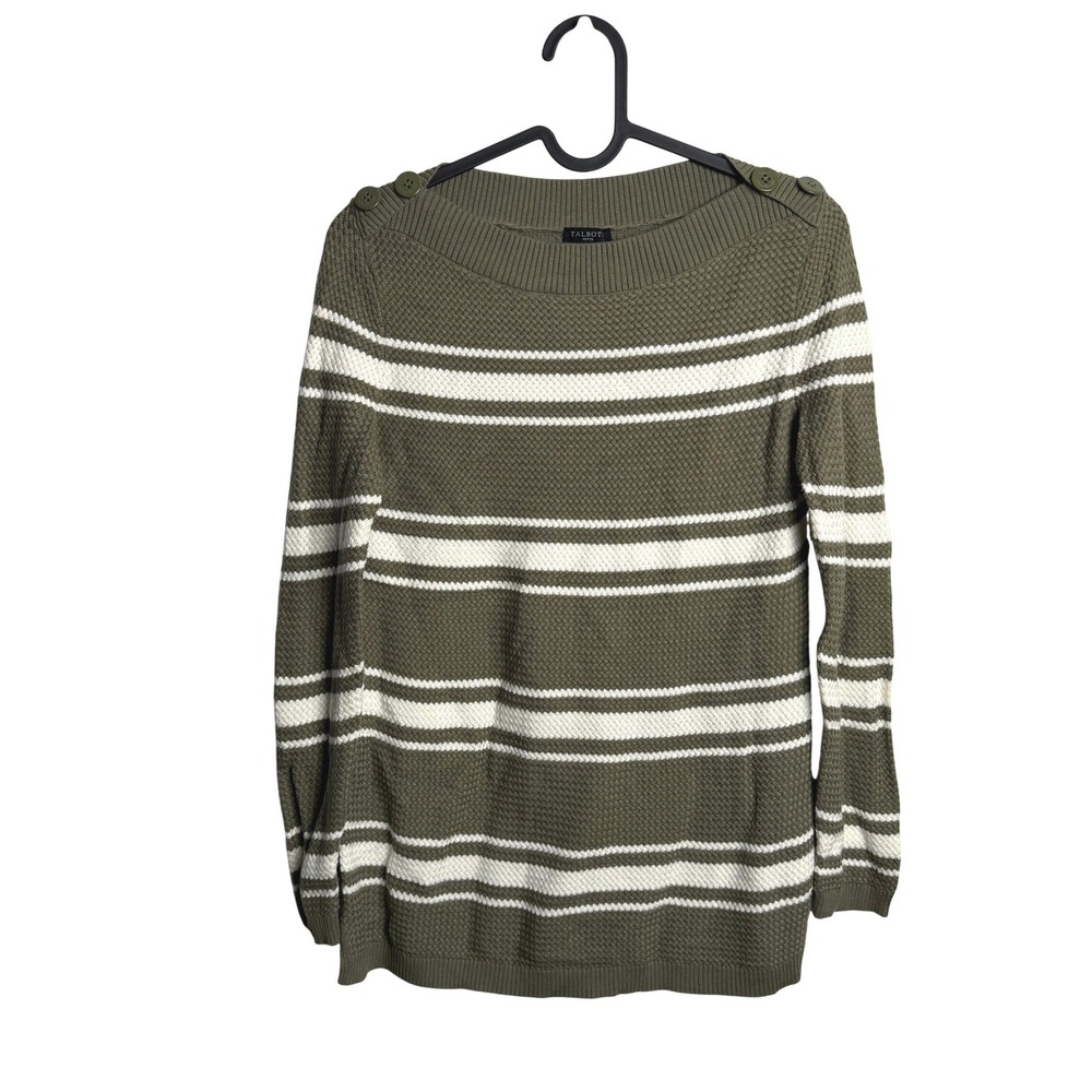 Talbots Striped Sweater SP Petite Olive‎ Green Button Shoulder Nautical Coastal